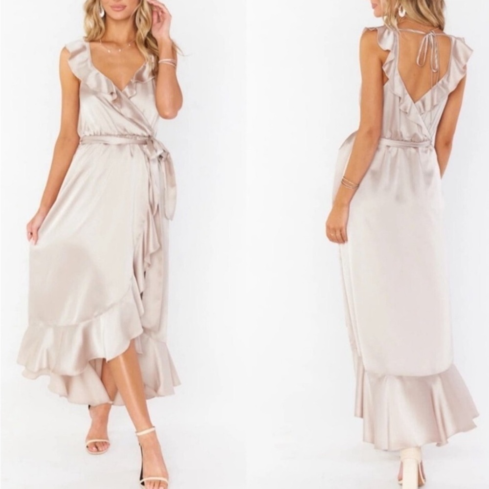 Show Me Your Mumu Samantha Ruffle Satin Wrap Midi Dress